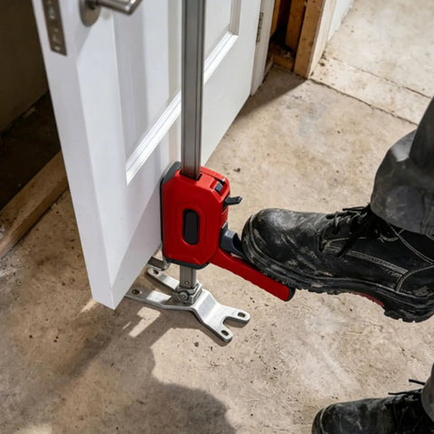 Heavy Duty Arm Jack 2 Pack, Zero Sweat Furniture Lifter, 330 Lbs Hand Lift Tool adjusting a door with foot on jack.