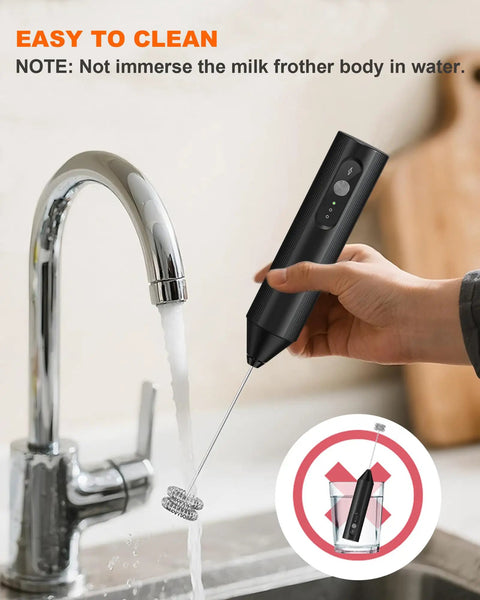 Soenglyun 3 Speed Rechargeable Milk Frother Handheld Press With Travel Cover Quiet Foam Maker cleaning under running water