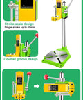 Premium Piefeak Drill Press Stand With Solid Vice And Workbench Multifunction Benchtop Pillar Tool showcasing stroke scale and dovetail design.