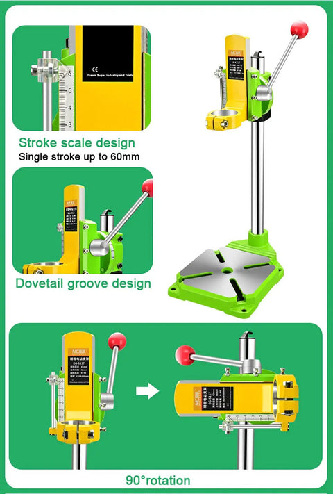 Premium Piefeak Drill Press Stand With Solid Vice And Workbench Multifunction Benchtop Pillar Tool showcasing stroke scale and dovetail design.