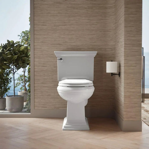 Cachet Round Toilet Seat With Quiet Close Lid, Grip Tight Bumpers, Release Hinges in a modern bathroom scene, white color
