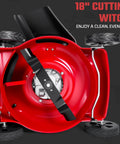 131cc Gas Lawn Mower That Is Self Propelled With Rear Wheel Drive 18 Inch Cutting Width 50L Grass Bag 3 In 1 Mulching Side Discharge Rear Bagging Lightweight Push Button Start Mower Built For Thick Slopes Red underside view of 18-inch deck