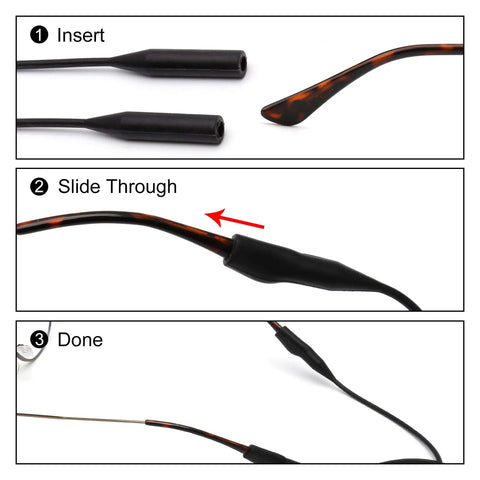 Elastic Silicone Eyeglasses Strap Holder Waterproof Glasses Retainer 2 Pack for Men Women Kids shown in three-step insertion