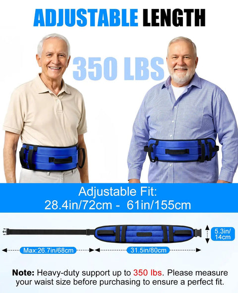 7 Handle Gait Belt For Seniors 59 Inch With No Slip Padding and Buckle, showing two seniors wearing adjustable support