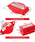 All In One Lockout Tagout Kit With Ball Valve Lockout and Electrical Plug Lockout, red safety devices with measurements.