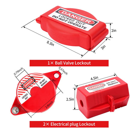 All In One Lockout Tagout Kit With Ball Valve Lockout and Electrical Plug Lockout, red safety devices with measurements.
