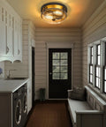 Farmhouse Wooden Flush Mount Ceiling Light With Clear Glass Shade, Rustic Two Light Ceiling Lamp in hallway entryway