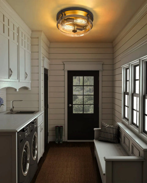 Farmhouse Wooden Flush Mount Ceiling Light With Clear Glass Shade, Rustic Two Light Ceiling Lamp in hallway entryway