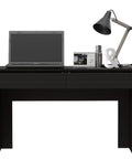 Adjustable Gaming Computer Desk With Dual Storage Drawers And Smooth Height Control in black, complete workspace setup with laptop and lamp.