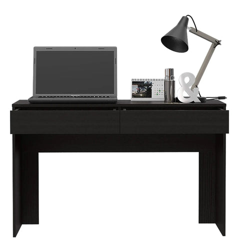 Adjustable Gaming Computer Desk With Dual Storage Drawers And Smooth Height Control in black, complete workspace setup with laptop and lamp.