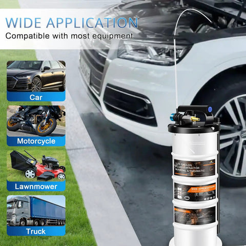 6.5L Pneumatic And Manual Oil Extractor Pump Kit with attached extension tubes near car engine, suitable for multiple vehicles.