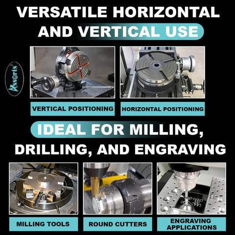 4 Slot T Base Rotary Table For Milling Machines With 4 Inch Diameter 100 Mm, showing horizontal and vertical use for milling and engraving