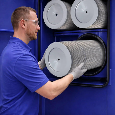 Technician installing Heavy Duty Dust Collector Filter Cartridge With Outer Mesh 12.6 Inch Opening And 23.62 Inch Height