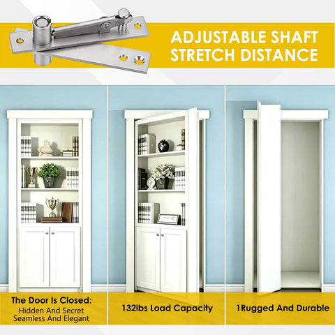 Heavy Duty Adjustable Pivot Door Hinge Set Stainless Steel Hidden Hinges For Secret Doors Bookcase Murphy Doors With 360 Degree Rotation Silent Opening Rust Resistant Easy Alignment on white bookshelf