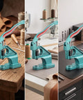 Top Notch Manual Arbor Press Machine With Heavy Duty Cast Iron Base And Industrial Steel Hardware Smooth Spring Return Rivet Tool thumbnail on workshop tables with leather.