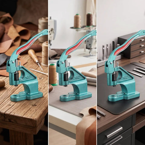Top Notch Manual Arbor Press Machine With Heavy Duty Cast Iron Base And Industrial Steel Hardware Smooth Spring Return Rivet Tool thumbnail on workshop tables with leather.