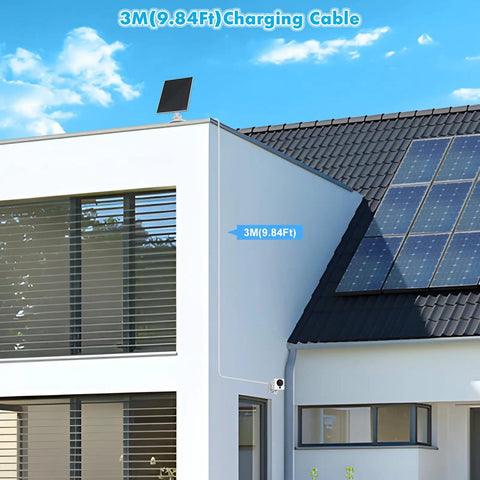 6W Outdoor Solar Panel Charger For Popular Security Cameras Including 2C 2C Pro 2Pro E20 E40 Solo And SoloCam Spotlight IP65 Waterproof USB C Panel With Micro USB Connector And Rubber Plug No Battery Hassle Plug And Play installed on roof with 3M cable on building