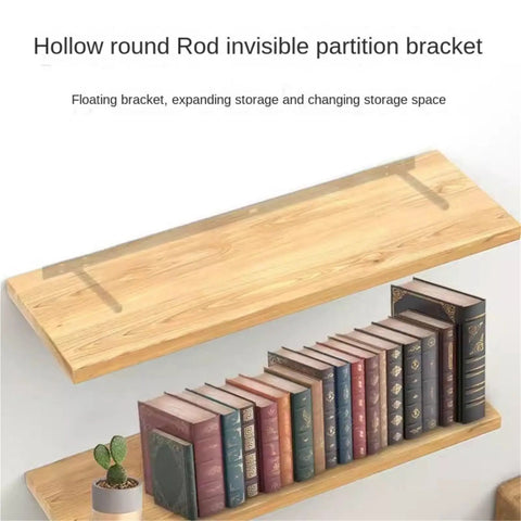 Hollow round Rod invisible partition bracket with wood shelves and books on display for clean modern decor.