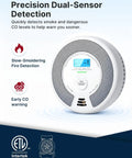 Interconnected Smoke And CO Alarm 6 Pack With Wireless Interconnection No WiFi 10 Year Sealed Lithium Battery Maintenance Free No Drama Battery Changes Easy Setup Loud Siren Low Battery Chirp Free Home Safety, dual sensor front view