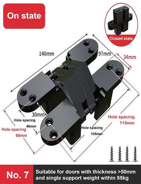 Two Pack Invisible Door Hinges Set For Kitchen Cabinets, 180 Degree Cross Hinges, Concealed Zinc Alloy Cabinet Hinges with dimensions