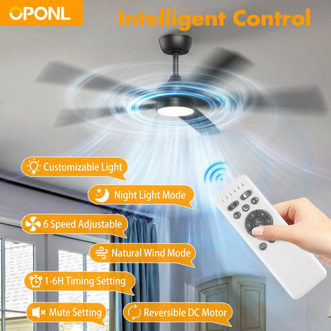 52 Inch Ceiling Fan With Lights And Remote, Black Finish, Reversible 5 Blade Design, Whisper Quiet DC Motor Demonstrated with Remote
