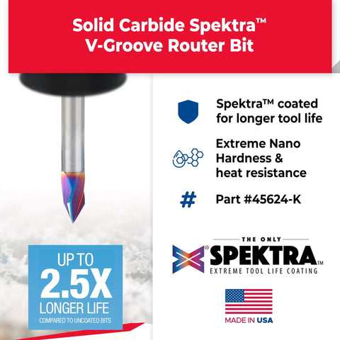 Spektra Extreme Tool Life Coated Solid Carbide V-Groove Router Bit 60 Degree 1/4 D 7/32 CH Shank 1/4 Inch 3 Flute CNC Bit