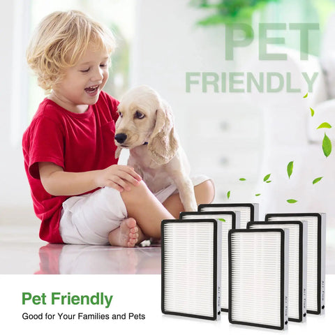 Child with dog and Six Pack 86889 Replacement Exhaust HEPA Filter Set for EF1 Vacs and Panasonic Uprights Compatible with Kenmore