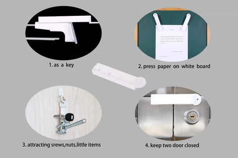 Four uses of white magnetic security key shown: as key, holding paper, attracting screws, and locking doors, for retail safety.