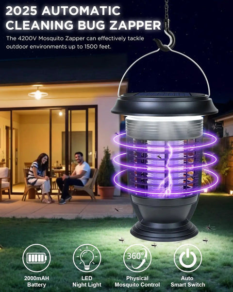 All In One Solar And USB C Rechargeable Bug Zapper With LED Light 2 In 1 Mosquito Killer for Outdoor Patio Garden shown at night