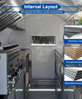 Internal layout of 10 Foot Green Food Cart Trailer With Pullout Awning, Turnkey Grub Getter For Urban Hustlers, with stainless steel counter and customizable features.