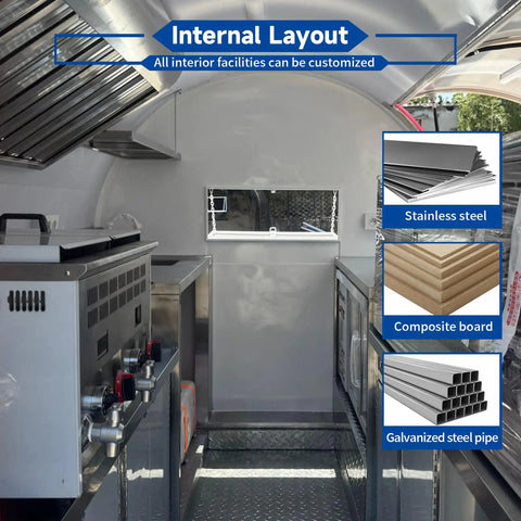 Internal layout of 10 Foot Green Food Cart Trailer With Pullout Awning, Turnkey Grub Getter For Urban Hustlers, with stainless steel counter and customizable features.
