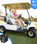 Universal Adjustable Golf Cart Cup Holder And Phone Mount Fits Ezgo Club Car Yamaha Models mounted on golf cart with couple.