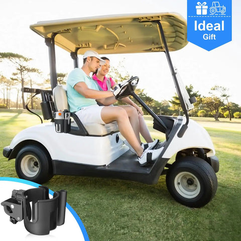 Universal Adjustable Golf Cart Cup Holder And Phone Mount Fits Ezgo Club Car Yamaha Models mounted on golf cart with couple.