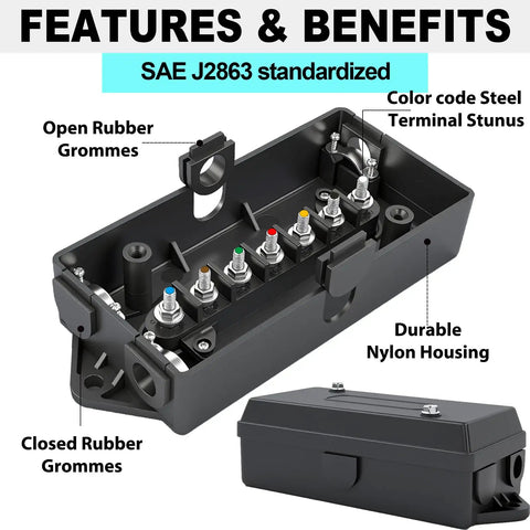 7 Way Trailer Junction Box Kit 2 Pack For RVs, Trailers, And Cars, Waterproof And Weatherproof Electrical Connector Organizer With Color Code Terminals, Durable 7 Terminal Box For Easy Wiring, Replacement Or New Install open nylon housing with color-coded terminals