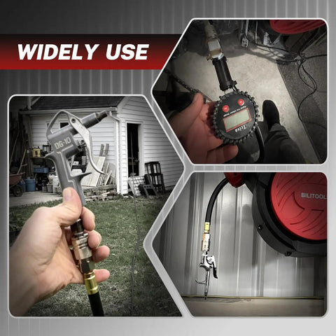 Heavy Duty Retractable Air Hose Reel With Smooth Auto Rewind 3/8 X 50 Feet Max 300 PSI wall mount rig in garage with accessories.
