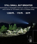 Baton4 Rechargeable EDC Flashlight With 1300 Lumens illustrating night beam and pocket size comparison on smartphone.