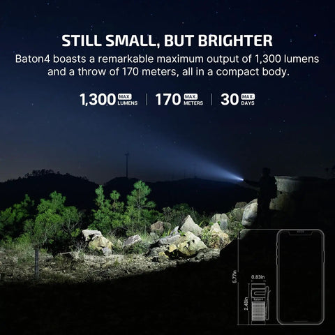 Baton4 Rechargeable EDC Flashlight With 1300 Lumens illustrating night beam and pocket size comparison on smartphone.