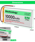 Beefy 2-Pack 3.7V 10000mAh LiPo Battery With USB Charger Cable, battery dimensions and weight displayed on scale