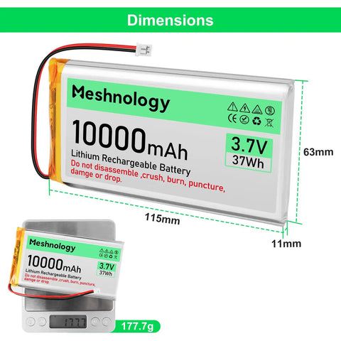 Beefy 2-Pack 3.7V 10000mAh LiPo Battery With USB Charger Cable, battery dimensions and weight displayed on scale