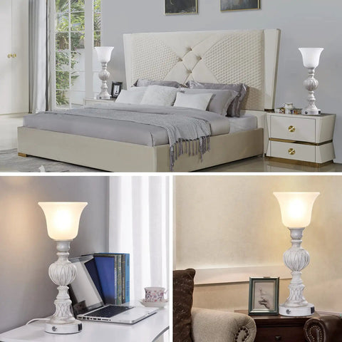 Set Of 2 Rustic Resin Glass Shade Table Lamps For Bedroom And Living Room 3 Way Dimmable Touch Bedside Lamps Washed White Finish