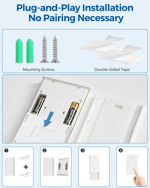 Remote Control Outlet Switch For Lamps And Lights, installation guide with screws and tape, plug-and-play setup