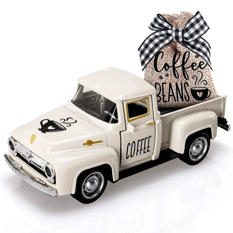 Coffee Bar Metal Truck Decor With Mini Diecast Truck Coffee Beans Burlap Sack Vintage Farmhouse Tiered Tray Accent displayed indoors