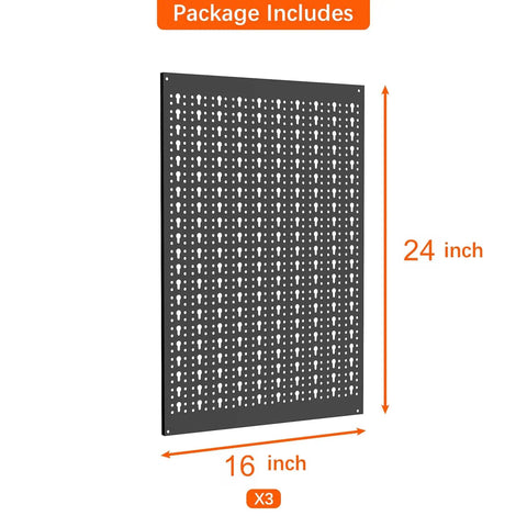 Heavy Duty Metal Pegboard Panels 3 Pack For Garage Wall Organization And Tool Storage, Modular Peg Board Organizer For Workbench, Powder Coated Steel Panels In Black, dimensions 16x24 inches.