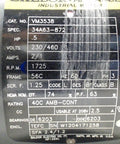 Close-up of label on 0.5 HP 1725 RPM 3-Phase 60Hz TEFC 56C Frame Single Industrial AC Motor, showing specifications and ratings.