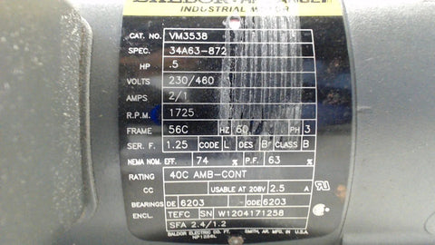 Close-up of label on 0.5 HP 1725 RPM 3-Phase 60Hz TEFC 56C Frame Single Industrial AC Motor, showing specifications and ratings.