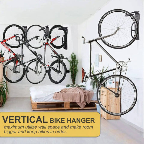 4 Pack Wall Mounted Bike Hooks Heavy Duty Vertical Hangers For Indoor Garage Storage Up To 60 Pounds Easy Screw In Install Space Saving Design Keeps Bikes Off The Floor With Easy Mounting And Includes All Hardware installed on wall with bikes hanging