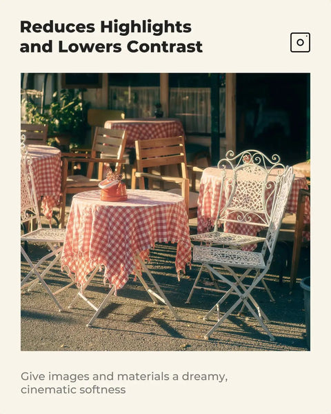 Outdoor cafe scene using 43mm Black Diffusion One Eighth Filter Delivers Misty Dreamy Cinematic Vibe For Video Vlog And Portraits Softens Highlights And Lowers Contrast With AGC Optical Glass For True Color And Skin Tone