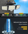 Diagram of Solar Motion Sensor Outdoor Flood Lights With Remote Control, 265 LEDs, 3 Heads, showing 1800mAh lithium battery life.