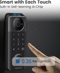 Smart Lock With Camera For Keyless Entry 2K Video WiFi Deadbolt With Fingerprint Keypad App Remote Control Works With Alexa And Google Assistant For Rental Property Easy Install And Backup Key shown from front view with a hand pointing to its touchscreen.