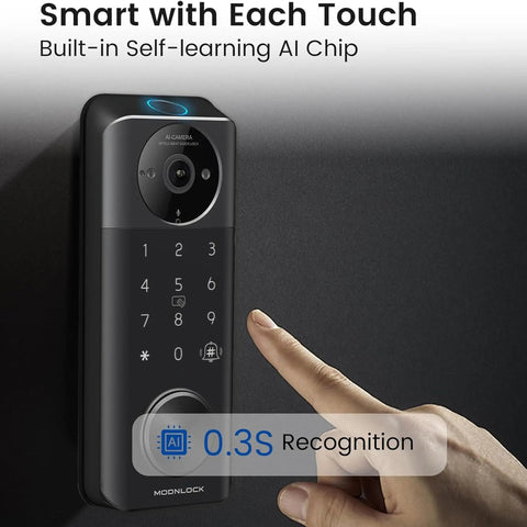 Smart Lock With Camera For Keyless Entry 2K Video WiFi Deadbolt With Fingerprint Keypad App Remote Control Works With Alexa And Google Assistant For Rental Property Easy Install And Backup Key shown from front view with a hand pointing to its touchscreen.